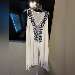 White Sleeveless Dress with Blue Embroidery
